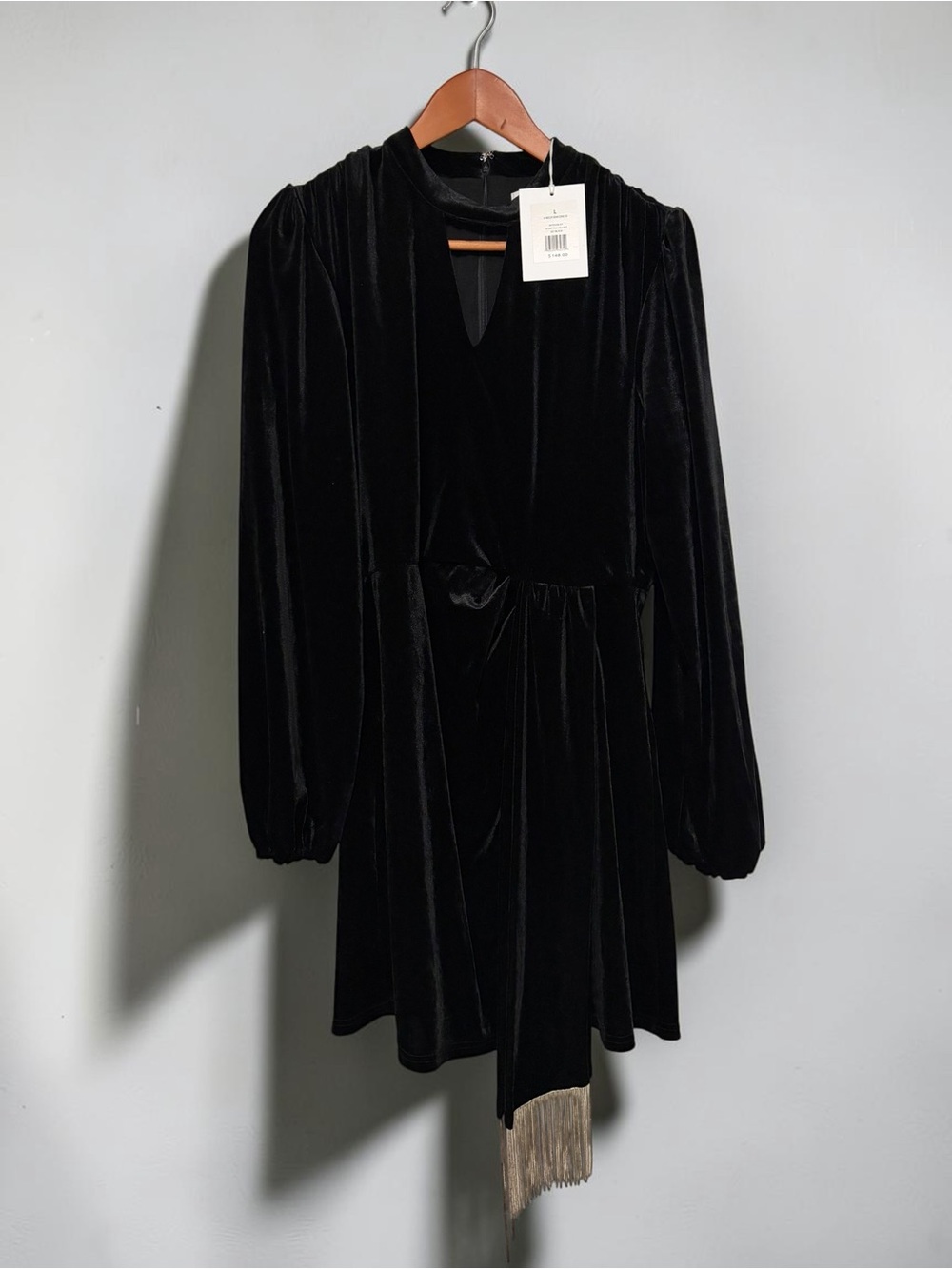 NWT Rachel Parcell Black Velvet Keyhole Mini Cocktail Dress Fringe Sash Tie L